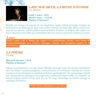 26
Informations pratiques
Les lieux d’exposition
Centre social Édith Bonnem
Place Édith Bonnem - Alençon
02 33 26 58 51
Ouvert du lundi au vendredi
de 9 h à 12 h et de 14 h à 18 h
Halle au blé
Place de la Halle au blé - Alençon
Ouvert tous les jours de 14 h à 18 h 30
Hôtel de Ville
Place Foch
Ouvert du lundi au vendredi de 8 h 30 à 12 h
et de 13 h 30 à 17 h 30 ; en continu le jeudi
Maison de la Vie Associative
25 rue Demées - Alençon
02 33 80 87 60
Ouvert du lundi au vendredi de 9 h à 12 h
et de 13 h 30 à 19 h ; en continu le mercredi
Ouvert le samedi de 9 h à 12 h et de 14 h à 16 h
Médiathèque Aveline
Cour carrée de la Dentelle - Alençon
02 33 82 46 00
Ouvert le mardi et le jeudi de 13 h 30 à 18 h ;
le mercredi de 10 h à 12 h et de 13 h 30 à 18 h ;
le vendredi de 13 h 30 à 18 h 30 et le samedi
de 10 h à 12 h 30 et de 13 h 30 à 17 h
Les autres sites
Amphithéâtre de l'antenne de Droit
Pôle universitaire d’Alençon - Campus
de Damigny
Auditorium
Rue Jullien
Médiathèque de Courteille
57 rue Pierre et Marie Curie
Médiathèque de Perseigne
34 place de la Paix
Cinéma 4 Normandy
20 Grande Rue
Conservatoire à Rayonnement
Départemental
13 rue Charles Aveline
Halle aux toiles
Cours Clémenceau
Les Petits Châtelets
41 chemin des Châtelets
Théâtre d’Alençon
2 avenue de Basingstoke
 
