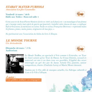 27
Les partenaires
Assise Orne-Régie des Quartiers
Alençonnaise
09 65 30 48 77
Association De fil en images
06 82 53 21 89
defilenimages.fr
Association FL Music
(Mathias Le Dauphin)
areyoualive1@hotmail.fr
06 27 81 17 79
Association Mouvement Hip-hop
(AMH)
06 63 48 36 93
Association Payaso Loco
www.payaso-loco.com
Association Regards
www.regards.odiapo.com
Ateliers du centre d’art
02 33 28 89 38
www.centredart-alencon.org
Ateliers Gazette de l'Épicerie sociale
02 33 29 60 56
blogdelagazette.canalblog.com
Ciné-Cité
facebook.com/CineCite61
Cie
Bleu 202
www.bleu202.com
Cie
Ces Dames Disent
www.cesdamesdisent.com
Cie
L’Arsenal d’apparitions
larsenaldapparitions@gmail.com
Cie
L’Éblouie
cieleblouie@gmail.com
eTHiX
nicolas.barteau@yahoo.fr
06 79 55 20 10
SUNRUN Films
www.sunrun-films.com
Scène nationale 61
www.scenenationale61.com
02 33 29 16 96
La Ville et la Communauté urbaine d’Alençon
remercient chaleureusement tous ceux qui
ont permis la mise en œuvre de ce festival
Culture(s) Elles et Cinéma.
 