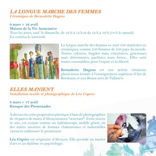 5
REGARDS PluriElles
SUNRUN Films
À partir du 8 mars
Dans toute la ville
Créationd’uneweb-sériedocumentaire,tournéependantlefestival,aveclaparticipationdefemmes
alençonnaises. Camélia Montassere, réalisatrice, va à la rencontre de la multiplicité des visages et
des voix au féminin. Le public pourra assister au tournage, voire figurer dans le film. Les dates et
lieux de rendez-vous seront annoncés sur le site internet de la Ville, quelques jours avant sur la
pageFacebookdeSUNRUNFilms.Lesfilmsréalisésserontdiffuséspendantetaprèslefestivalsur
la chaine YouTube créée pour l’occasion : https://lc.cx/JJUY. Certains seront également diffusés à
l’occasion de la soirée de clôture, "Les palmés d'or", le samedi 8 avril à 18 h 30 (voir p. 24).
À noter :
Pour assister aux tournages et s’inscrire en tant que figurant(e)s, contactez Lola Panigel de
SUNRUN Films au 06 73 18 62 27 ou lola@sunrun-films.com.
STUDIO 53 - LE CINÉMA DONT VOUS ÊTES LE HÉROS
Association Payaso Loco
Samedi 18 mars / 10 h 30 - 12 h 30 & 14 h - 18 h
Parc de la Providence
Le"Studio53"estunemachineàtournerdesfilmsmaispasn’importequelsfilms…
Desfilms,faits-main,"àlaMéliés".Paréquipe,de10à15participants,choisissezun
filmdubox-officeettournezuntrèscourt-métragemuet,ennoiretblanc.Letemps
du tournage, devenez réalisateur, comédien, maquilleur, machiniste… L'ensemble
deseffetsspéciauxseraréaliséendirectparlesaccessoiristes.C’estmagique!
À noter :
Sitôt terminé, le film est immédiatement projeté au public et chacun des participants peut
repartir avec une version numérique de son film (prévoir pour cela une clé USB).
 