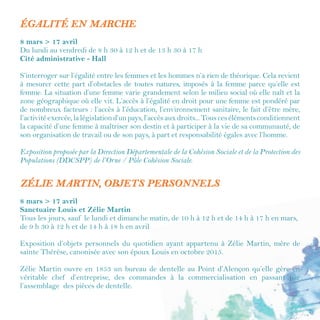 7
LE CINÉMA AU FÉMININ
Du 11 mars au 6 avril
Médiathèque Aveline - Hall
Partout le cinéma se décline au féminin. Les réalisatrices sont de plus
en plus visibles sur la scène internationale, que ce soit au box-office
ou dans les palmarès des festivals. Elles se prêtent à tous les genres
cinématographiques, déconstruisant ainsi l’idée d’un "cinéma de femme",
intimiste et à petit budget. Les réalisatrices donnent aussi à voir une
image différente de la femme, libérée d’un regard autrefois essentiellement masculin.
Grâce à elles (mais aussi grâce à quelques réalisateurs), les rôles traditionnellement
attribués aux actrices évoluent. Ils se font plus complexes, plus nuancés. À son tour,
l’image de la femme change et les spectatrices ont enfin autre chose que des demoiselles
en détresse à imiter !
Exposition conçue par Colaco, proposée par l’équipe de la médiathèque Aveline.
FEMMES EN MOUVEMENT
Du 8 mars au 8 avril
Centre social Édith Bonnem
Cette exposition photo et vidéo relate le parcours de deux femmes qui ont pu réaliser leur
projet personnel par l'intermédiaire du centre social : passer leur permis de conduire et
emmener leurs enfants en vacances. L'exposition présentera le making of du projet en
photo et la vidéo sera diffusée en continu pendant l'exposition.
Exposition proposée par le centre social Édith Bonnem et réalisée avec l'association alençonnaise
FL music, animée par Mathias Ledauphin.
À noter :
Retrouvez le programme détaillé de l’ensemble des animations du centre social Édith
Bonnem à l’accueil du centre social et sur sa page Facebook.
Le cinéma au féminin
 