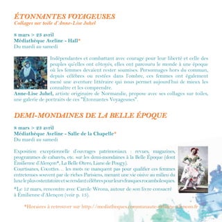 9
Elles crèvent l’écran
B GIRLS
de Nadja Harek
Dimanche 12 mars / 14 h 30
Auditorium
Ce documentaire, réalisé par Nadja Harek, présente 30 ans de hip-hop au féminin. De
Carlotta à Karima, d’Auriane à Valentine, B Girls trace quatre portraits filés de quatre
générations de danseuses et chorégraphes majeures. À travers leurs histoires et itinéraires
de vie, des battles de rue aux scènes contemporaines, se dessine tout le cercle des enjeux
sociologiques, esthétiques et politiques de la présence des femmes dans le hip-hop.
À noter :
Il sera suivi d’échanges avec Auriane, une des danseuses du film, aux nombreux titres,
dont celui de championne de France en 2013.
Proposé par l’Association Mouvement Hip-hop (AMH).
SOIR ET CINÉMA
Mardi 14 mars / 20 h
Médiathèque Aveline
Durant le festival, la médiathèque Aveline propose dans le cadre de son animation "Soir et
Cinéma" un film, autour du thème de la femme.
Réservation conseillée
À noter :
Un mardi par mois, la médiathèque Aveline invite les amateurs de cinéma, à la projection
d'un film suivie d’un échange autour d'un verre. Programmation à retrouver à la médiathèque.
 