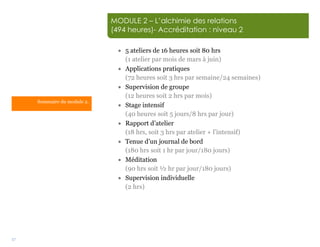 17
MODULE 2 – L’alchimie des relations
(494 heures)- Accréditation : niveau 2
 5 ateliers de 16 heures soit 80 hrs
(1 atelier par mois de mars à juin)
 Applications pratiques
(72 heures soit 3 hrs par semaine/24 semaines)
 Supervision de groupe
(12 heures soit 2 hrs par mois)
 Stage intensif
(40 heures soit 5 jours/8 hrs par jour)
 Rapport d’atelier
(18 hrs, soit 3 hrs par atelier + l’intensif)
 Tenue d’un journal de bord
(180 hrs soit 1 hr par jour/180 jours)
 Méditation
(90 hrs soit ½ hr par jour/180 jours)
 Supervision individuelle
(2 hrs)
Sommaire du module 2.
 