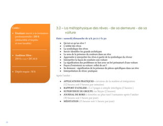 26
3.2 – La métaphysique des rêves - de sa demeure - de sa
voiture
Date : samedi/dimanche de 9 h 30 à 17 h 30
 Qu’est-ce qu’un rêve ?
 L’utilité des rêves
 La symbolique des rêves
 Savoir identifier les grands archétypes
 Le sens de la présence de couleurs dans un rêve
 Apprendre à interpréter les rêves à partir de la symbolique du rêveur
 Interpréter la façon de conduire une voiture
 La signification des problèmes en lien avec un bri prématuré d’une voiture
 Façon d’entretenir sa voiture: reflet de soi ?
 Sa demeure : signification de la présence de pièces spécifiques dans un rêve
 Interprétation de rêves: pratiques
Après l’atelier :
 APPLICATIONS PRATIQUES – révision de la matière et intégration
(12 heures soit 3 heures par semaine)
 RAPPORT D’ATELIER - 2 à 3 pages à simple interligne (3 heures )
 SUPERVISION DE GROUPE via Skype (2 heures)
 JOURNAL DE BORD à remettre au plus tard 3 semaines après l’atelier
(30 heures soit 1 heure par jour)
 MÉDITATION (15 heures soit ½ heure par jour)
Coûts :
 Étudiant inscrit à la formation
professionnelle : 255 $
(déductible d’impôts
et non taxable)
____________________________
 Auditeur libre :
250 $ (+ txs) = 287,44 $
____________________________
 Dépôt requis : 50 $
 