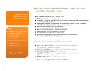 8
MODULE 1 – Relation avec soi
657 heures)
2) Les blessures émotionnelles de trahison, rejet, abandon,
humiliation et injustice (16 hrs)
Date : samedi/dimanche de 9 h 30 à 17 h 30
 Définition d’une blessure émotionnelle
 Apprendre à distinguer être trahi de se sentir trahi, être abandonné de se sentir abandonné,
se sentir rejeté d’être rejeté, etc.
 Identifier les croyances qui engendrent les sentiments de trahison, de rejet, d’abandon,
d’humiliation et d’injustice et la manière de les transformer
 Pourquoi ces croyances nous font tant souffrir ?
 Les comportements associés à chacune des blessures
 La plus grande peur associée à chacune des blessures
 La morphologie associée à chacune des croyances
 Quoi faire lorsqu’une blessure est activée en soi
 Manières d’aider les autres selon chacune des blessures émotionnelles
 Les qualités cachées derrière chaque blessure
Après l’atelier : (pour les étudiants inscrits à la formation seulement)
 APPLICATIONS PRATIQUES – révision de la matière et intégration
(12 heures soit 3 heures par semaine)
 RAPPORT D’ATELIER - 2 à 3 pages à simple interligne (3 heures )
 SUPERVISION DE GROUPE via Skype (2 heures)
 JOURNAL DE BORD à remettre au plus tard 3 semaines après l’atelier
(30 heures soit 1 heure par jour)
 MÉDITATION (15 heures soit ½ heure par jour)
Total des heures applicables à la formation : 80 heures
Coûts :
 Étudiant inscrit à la formation
professionnelle : 255 $
(déductible d’impôts
et non taxable)
____________________________
 Auditeur libre :
250 $ (+ txs) = 287,44 $
____________________________
 Dépôt requis : 50 $
Atelier de base 2
Préalable pour suivre le
programme de formation
 