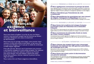18
Nous appliquerons strictement le principe de laïcité.
Nous organiserons pour les ministres du culte une formation universitaire à la laïcité, aux
valeurs de la République et à la langue française. Nous développerons la connaissance des
différentes religions à l’école en prévoyant un enseignement spécifique sur le fait religieux.
Nous n’étendrons pas l’interdiction du voile
à l’université.
Nous démantèlerons les associations qui, sous couvert
de religion, s’attaquent à la République. Nous fermerons
définitivement les lieux de culte dans lesquels certaines prêchent l’apologie du terrorisme.
Nous créerons des emplois francs pour encourager
l’embauche des habitants des 200 quartiers prioritaires
de la politique de la ville.
Quel que soit le lieu où elle se situe, une entreprise qui recrutera en CDI un habitant
de l’un de ces quartiers bénéficiera d’une prime de 15 000 euros sur 3 ans : c’est comme
si elle ne payait plus de charges !
Nous ferons de la lutte contre la discrimination
une priorité nationale.
Nous développerons des opérations de contrôle aléatoires et imprévues à grande échelle,
en matière d’accès à l’emploi ou au logement. Les partenaires sociaux seront
également mobilisés.
Nous ferons de la maîtrise de la langue française
le principal critère de l’obtention de la nationalité
française.
Nous renforcerons l’apprentissage de notre langue pour les candidats à la naturalisation.
Quelle meilleure preuve de la volonté de quelqu’un de s’intégrer et de devenir français ?
Nous examinerons les demandes d’asile en moins
de 6 mois, recours compris.
C’est nécessaire pour accueillir dignement les réfugiés qui ont droit à la protection
de la France. Les autres seront reconduits sans délai vers leur pays afin qu’ils ne deviennent
pas des immigrés clandestins.
19RETROUVEZ TOUTES LES PROPOSITIONS SUR EN-MARCHE.FR
P R É S E RV E R L E C A D R E D E L A L A Ï C I T É
AC C É L É R E R L’ I N T É G R AT I O N
R E F O N D E R L E L I E N AV E C L A N AT I O N
Nous avons laissé se fragiliser ce qui fait de nous une Nation,
comme si nous pouvions accepter que les fractures qui divisent
notre pays s’élargissent sans cesse, et notamment
les discriminations.
Nous avons tous en partage notre langue, notre premier trésor
commun, à la fois notre socle et notre phare : ce qui nous a fait
et ce qui nous distingue, nourri aussi par la vitalité de nombreuses
et belles langues régionales.
Il faut aller plus loin. Renouer avec le patriotisme sans renoncer
à nos histoires multiples et à notre projet européen. Car redonner
à la France son éclat, c’est redonner confiance aux Français.
D’où qu’ils viennent. Où qu’ils habitent. Quels qu’ils soient.
Et leur faire confiance, c’est leur redonner le pouvoir de faire,
d’agir, de réaliser.
Nous voulons être une Nation exigeante et bienveillante.
Fiers d’être
					 Français :
exigence
et bienveillance
 
