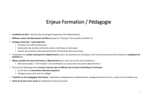 Enjeux Formation / Pédagogie
• Installation du BUT : état des lieux et partage d'expérience inter-départements
• Réflexion autour des dynamiques de filières (jusqu’où ? Pourquoi ? Sous quelles conditions ?)
• Dialogue Université – Lycée objectivé :
• Promotion de l’offre de formation
• Valorisation des activités recherche (culture scientifique et technique)
• Gestion des arrivants et des positionnements d’orientation dans Parcoursup.
• Proposition d'un projet réunissant les 4 départements autour des questions du numérique et de l'environnement (journée d’étude) et impliquant les
étudiant.e.s
• Mieux connaître les autres formations / départements pour créer plus de lien entre étudiant.e.s
• SAÉ transversales / « mini-module » de sensibilisation sur chacun des trois autres départements /
• Poursuivre le développement d'actions inscrites dans la diffusion de la Culture Scientifique et Technique
• en lien avec les associations éducation populaire
• Dialogue à poursuivre avec les collèges
• Travailler sur des pédagogies alternatives : hybridation, enseignement en déambulation, enseignement hors les murs, travail sur les émotions, etc.
• Partir du terrain et des envies de collaboration entre personnels.
7
 