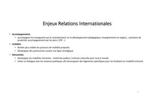 Enjeux Relations Internationales
• Accompagnement.
• accompagner les enseignants qui le souhaiteraient sur le développement pédagogique, enseignements en anglais,.. (solutions de
proximité, accompagnement par les pairs, CDP …)
• Visibilité.
• Rendre plus visibles les parcours de mobilité proposés.
• Développer des partenariats suivant une ligne stratégique.
• Attractivité.
• Développer les mobilités entrantes : mixité des publics / richesse culturelle pour tout le monde
• Initier un dialogue avec les instances politiques afin de proposer des logements spécifiques pour les étudiants en mobilité entrante
9
 