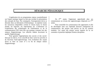 25/55
DÉMARCHE PÉDAGOGIQUE
L'application de ces programmes repose essentiellement
sur l'aspect pratique lequel ne doit pas occulter la présentation
des concepts de base. Par conséquent, l'enseignement devra se
dérouler dans un laboratoire d'informatique et exploiter toutes
les ressources disponibles comme le réseau local, le réseau
étendu, les logiciels, les imprimantes etc. L'utilisation ou
l'exploitation des technologies de l'information et de la
communication (TIC) doit être une pratique courante lors des
séances d'apprentissage. Les effectifs réduits favorisent la
qualité d'apprentissage.
Pour garantir l'appropriation des savoirs et des savoir-
faire par les élèves, il est conseillé de faire varier les activités et
de favoriser l'auto-apprentissage. Une évaluation des acquis
devra se faire au cours et à la fin de chaque séance
d'apprentissage.
En 4ème
année, l'apprenant approfondit plus ses
connaissances au niveau des apprentissages dispensés en 3ème
année.
Pour consolider les connaissances des apprenants et afin
de développer chez eux l'aptitude d'assurer l'intégration de
connaissances, des projets sont prévus en fin de certains
modules. Les sujets des projets seront inspirés de la vie
courantes et pourrant impliquer d'autres disciplines.
 