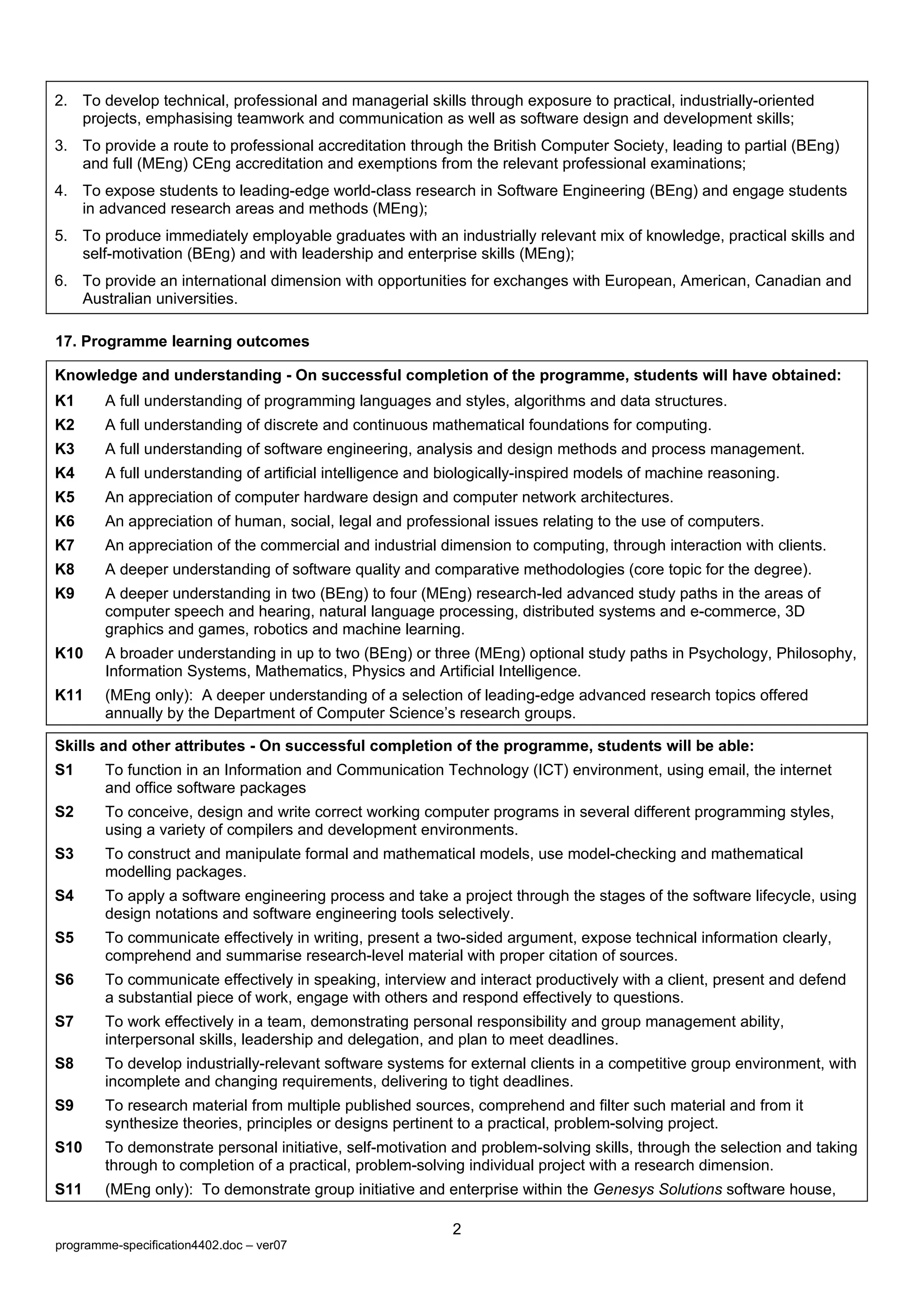 2. To develop technical, professional and managerial skills through exposure to practical, industrially-oriented
   projects, emphasising teamwork and communication as well as software design and development skills;
3. To provide a route to professional accreditation through the British Computer Society, leading to partial (BEng)
   and full (MEng) CEng accreditation and exemptions from the relevant professional examinations;
4. To expose students to leading-edge world-class research in Software Engineering (BEng) and engage students
   in advanced research areas and methods (MEng);
5. To produce immediately employable graduates with an industrially relevant mix of knowledge, practical skills and
   self-motivation (BEng) and with leadership and enterprise skills (MEng);
6. To provide an international dimension with opportunities for exchanges with European, American, Canadian and
   Australian universities.

17. Programme learning outcomes

Knowledge and understanding - On successful completion of the programme, students will have obtained:
K1      A full understanding of programming languages and styles, algorithms and data structures.
K2      A full understanding of discrete and continuous mathematical foundations for computing.
K3      A full understanding of software engineering, analysis and design methods and process management.
K4      A full understanding of artificial intelligence and biologically-inspired models of machine reasoning.
K5      An appreciation of computer hardware design and computer network architectures.
K6      An appreciation of human, social, legal and professional issues relating to the use of computers.
K7      An appreciation of the commercial and industrial dimension to computing, through interaction with clients.
K8      A deeper understanding of software quality and comparative methodologies (core topic for the degree).
K9      A deeper understanding in two (BEng) to four (MEng) research-led advanced study paths in the areas of
        computer speech and hearing, natural language processing, distributed systems and e-commerce, 3D
        graphics and games, robotics and machine learning.
K10     A broader understanding in up to two (BEng) or three (MEng) optional study paths in Psychology, Philosophy,
        Information Systems, Mathematics, Physics and Artificial Intelligence.
K11     (MEng only): A deeper understanding of a selection of leading-edge advanced research topics offered
        annually by the Department of Computer Science’s research groups.

Skills and other attributes - On successful completion of the programme, students will be able:
S1      To function in an Information and Communication Technology (ICT) environment, using email, the internet
        and office software packages
S2      To conceive, design and write correct working computer programs in several different programming styles,
        using a variety of compilers and development environments.
S3      To construct and manipulate formal and mathematical models, use model-checking and mathematical
        modelling packages.
S4      To apply a software engineering process and take a project through the stages of the software lifecycle, using
        design notations and software engineering tools selectively.
S5      To communicate effectively in writing, present a two-sided argument, expose technical information clearly,
        comprehend and summarise research-level material with proper citation of sources.
S6      To communicate effectively in speaking, interview and interact productively with a client, present and defend
        a substantial piece of work, engage with others and respond effectively to questions.
S7      To work effectively in a team, demonstrating personal responsibility and group management ability,
        interpersonal skills, leadership and delegation, and plan to meet deadlines.
S8      To develop industrially-relevant software systems for external clients in a competitive group environment, with
        incomplete and changing requirements, delivering to tight deadlines.
S9      To research material from multiple published sources, comprehend and filter such material and from it
        synthesize theories, principles or designs pertinent to a practical, problem-solving project.
S10     To demonstrate personal initiative, self-motivation and problem-solving skills, through the selection and taking
        through to completion of a practical, problem-solving individual project with a research dimension.
S11     (MEng only): To demonstrate group initiative and enterprise within the Genesys Solutions software house,

                                                            2
programme-specification4402.doc – ver07
 