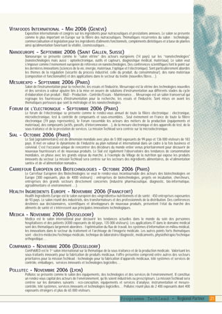 plaquettefin

4/10/05

10:46

Page 22

VITAFOODS INTERNATIONAL - MAI 2006 (GENÈVE)
Exposition internationale et congrès sur les ingrédients pour nutraceutiques et prestations annexes. Le salon se présente
comme le plus important en Europe sur la filière des nutraceutiques. Thématiques récurrentes du salon : technologie,
commercialisation et législation pour les ingrédients d'aliments fonctionnels, compléments diététiques et à base de plantes
ainsi qu'alimentation favorisant la vitalité, cosméceutiques…

NANOEUROPE - SEPTEMBRE 2006 (SAINT GALLEN, SUISSE)
Nanoeurope se présente comme le “salon vitrine” des acteurs européens (14 pays) sur les “nanotechnologies"
(nanotechnologies mais aussi : optoélectronique, outils et capteurs, diagnostique médical, matériaux). Le salon veut
s’imposer comme l’évènement européen de référence en nanotechnologies. Des conférences scientifiques font le point sur
les dernières innovations (sciences de la vie, énergie, matériaux, l’optique et l’électronique). Sont particulièrement abordés
les thèmes de la régulation (sécurité du process industriel, celle du produit, du consommateur), des nano matériaux
(composition et fonctionnalité) et des applications dans le secteur du textile (nouvelles fibres…).

MESUREXPO - SEPTEMBRE 2006 (PARIS)
Salon de l'instrumentation pour la recherche, les essais et l'industrie, Mesurexpo est la vitrine des technologies nouvelles
et des services à valeur ajoutée liés à la mise en oeuvre de solutions d’instrumentation aux différents stades du cycle
d’élaboration d’un produit : R&D - Production - Contrôle/Essais - Maintenance… Mesurexpo est un salon transversal qui
regroupe les fournisseurs d'instrumentation pour la recherche, les essais et l'industrie. Sont mises en avant les
thématiques porteuses que sont la métrologie et les nanotechnologies.

FORUM

DE L’ÉLECTRONIQUE - SEPTEMBRE 2006 (PARIS)
Le forum de l’électronique se présente comme le rendez-vous annuel de toute la filière électronique : électronique,
microélectronique, test & contrôle de composants et sous-ensembles…Seul événement en France de toute la filière
électronique (19 pays représentés), le Forum rassemble les acteurs des métiers de la production (équipements et
matériaux), des composants (actifs, passifs, d’interconnexion…), de la mesure électronique et des appareils de test, de la
sous-traitance et de la prestation de services. La mission Techlead sera centrée sur la microélectronique.

SIAL - OCTOBRE 2006 (PARIS)
Le Sial (agroalimentaire) est de dimension mondiale avec plus de 5 000 exposants de 99 pays et 136 000 visiteurs de 183
pays. Il met en valeur le dynamisme de l’industrie au plan national et international dans un cadre à la fois business et
convivial. C’est l’occasion unique de rencontrer des décideurs du monde entier venus prioritairement pour découvrir de
nouveaux fournisseurs et de nouveaux produits. Le Sial est également l’observatoire des tendances de consommation
mondiales, en phase avec les grands enjeux du marché, à l’exemple du Village de la nutrition qui expose les produits
innovants du secteur. La mission Techlead sera centrée sur les secteurs des ingrédients alimentaires, de «l’alimentation
santé» et de «l’alimentation nomade».

CARREFOUR EUROPÉEN

DES

BIOTECHNOLOGIES - OCTOBRE 2006 (PARIS)

Le Carrefour Européen des Biotechnologies se veut le rendez-vous incontournable des acteurs des biotechnologies en
Europe (300 exposants, plus de 4000 visiteurs) : entreprises de biotechnologies, projets en incubation, chercheurs,
entreprises des grands secteurs directement concernés (industrie pharmaceutique, diagnostic, bio-informatique,
agroalimentaire et environnement …).

HEALTH INGREDIENTS EUROPE - NOVEMBRE 2006 (FRANCFORT)
Health Ingredients Europe est le salon européen des «ingrédients» nutritionnels et de santé : 450 entreprises exposantes
de 93 pays. Le salon réunit des industriels, des transformateurs et des professionnels de la distribution. Des conférences
destinées aux décisionnaires, scientifiques et développeurs de nouveaux produits, présentent l’état du marché des
aliments de santé et s’intéressent aux principales innovations technologiques.

MEDICA - NOVEMBRE 2006 (DÜSSELDORF)
Medica est le salon international pour découvrir les tendances actuelles dans le monde du soin des personnes
hospitalisées et des patients (4300 exposants de 60 pays, 135 000 visiteurs). Les applications IT dans le domaine médical
sont des thématiques largement abordées : l’optimisation du flux de travail, les systèmes d’information en milieu médical,
les innovations dans le secteur du traitement et l’archivage de l’imagerie médicale. Les autres points forts thématiques
sont : électro-médecine/technique médicale, technique de laboratoire/diagnostic, médicaments, physiothérapie/technique
orthopédique…

COMPAMED - NOVEMBRE 2006 (DÜSSELDORF)
ComPaMED est le 1er salon international sur la thématique de la sous-traitance et de la production médicale. Valorisant les
sous-traitants innovants pour la fabrication de produits médicaux, l’offre présentée comprend entre autres des secteurs
prioritaires pour la mission Techlead : technologie pour la fabrication d’appareils médicaux, télé systèmes et services de
contrôle, emballages, services innovants et technologies logicielles…

POLLUTEC - NOVEMBRE 2006 (LYON)
Pollutec se présente comme le salon des équipements, des technologies et des services de l’environnement. Il constitue
un rendez-vous capital des acteurs de l‘environnement, qu’ils soient industriels ou prescripteurs. La mission Techlead sera
centrée sur les domaines suivants : eco-conception, équipements et services d’analyse, instrumentation et mesurecontrôle, télé systèmes, services innovants et technologies logicielles… Pollutec réunit plus de 2 400 exposants dont 400
exposants étrangers et plus de 65 000 visiteurs.

Programme Techlead - Regional Partner

21

 
