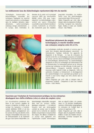 plaquettefin

4/10/05

10:34

Page 10

BIOTECHNOLOGIES
Les médicaments issus des biotechnologies représentent déjà 10% du marché.
Technologies transversales, les
biotechnologies (ensemble des
techniques impliquant du matériel
vivant) sont amenées à se développer
dans de multiples domaines (agroalimentaire,
santé/cosmétiques,
matériaux, énergie, environnement …).
En Europe, dans l’immédiat, le

domaine de la santé est le principal
concerné (80% des interventions
ANVAR contre 20% pour l’agroindustrie). Les biotechnologies représentent une source d’innovation
essentielle en permettant d’améliorer
certains traitements ou d’inventer
des traitements pour des maladies

jusqu’alors incurables. Les médicaments issus des biotechnologies
représentent déjà 10% du marché.
Salons fréquentés par cette cible et
intégrés dans le programme Techlead :
Carrefour Européen des biotechnologies, Medica et dans une moindre
mesure : Sial, Pollutec.

TECHNOLOGIES MEDICALES
Bénéficiant pleinement des progrès
technologiques, le marché mondial connaît
une croissance comprise entre 6% et 7%.
Les technologies médicales (produits et services pour la
santé hors produits pharmaceutiques) concernent : la
télémédecine, l’optique médicale, les appareils de
diagnostic et de thérapie… Le taux de croissance du
marché est de 6%. Les technologies associées à l’évolution
du secteur sont les micro-technologies (instrumentation),
les biotechnologies (biomatériaux), les nanotechnologies
(diagnostic in vitro), les technologies de l’information et de
la communication. Les innovations portent sur la chirurgie
assistée par ordinateur ou télé-chirurgie, la télé-santé, la
télésurveillance. L’imagerie médicale bénéficie de
nouveaux outils logiciels d’aide au diagnostic. Enfin les
automates d’analyse se miniaturisent. Le développement
des nanotechnologies n’est cependant pas probant sur le
marché à court terme malgré une forte attente dans le
secteur santé.
Salons fréquentés par cette cible et intégrés dans le
programme Techlead : Compamed et dans une moindre
mesure : Cebit, Medica.

ECO-ENTREPRISES
Favorisées par l’évolution de l’environnement juridique, les éco-entreprises
développent leur chiffre d’affaires (+8%) et créent des emplois (+5%).
Les éco-entreprises produisent des
biens et des services capables de
mesurer, d’empêcher, de limiter ou de
corriger les nuisances à l’environnement (définition OCDE) et ont des
activités dirigées principalement vers
les secteurs de l’eau, des déchets et des
énergies renouvelables mais aussi ceux
de l’instrumentation et du traitement
des gaz et des fumées industrielles. Les

biotechnologies industrielles émergent
dans tous les secteurs (chimie,
plastiques, carburants…). Les outils de
mesures sont une préoccupation
centrale du secteur avec le développement de la recherche de solutions
dédiées à la prévision et à la prévention
des risques. Par ailleurs, l’évolution de
ce secteur tend également vers
l’optimisation d’outils informatiques

dans un objectif d’aide à la connaissance et à la décision (modélisation,
systèmes d’information géographique).
La croissance de l’emploi dans le
secteur est supérieure à 5%.
Salons fréquentés par cette cible et
intégrés dans le programme Techlead :
Pollutec et dans une moindre mesure :
Mesurexpo, Carrefour Européen des
Biotechnologies.

Programme Techlead - Regional Partner

9

 