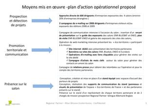 Moyens mis en œuvre -plan d’action opérationnel proposé
Prospection
et détection
de projets

Approche directe de 600 dirigeants d’entreprises exposantes des 4 salons (environ
20% d’entreprises étrangères )
2 campagnes de e-mailing sur 2000 dirigeants d’entreprises visiteurs et/ou
exposants des éditions 2008 et 2009
Campagne de communication intensive à l’occasion du salon : insertion d’un encart
de présentation sur le guide des exposants des salons ENR-BLUEBAT et ENEO, plan
de visite ENR-BLUEBAT-ENEO et galerie des exposants des sites des salons,

Promotion
territoriale et
communication

Opération de web-marketing intensive présentant les « éco-territoires » participant
à la mission :
 Site internet dédié avec présentation des territoires partenaires
 Bannières sur sites des salons ENR, Bluebat, ENEO et Eurobois
 Opérations d’e-mailing avec liens cliquables pour générer des visites sur
le site dédié
 Campagne d’achats de mots clefs autour du salon pour générer des
contacts en amont du salon
Campagne de relations presse pour obtenir des retombées sur l’opération et pour le
compte des territoires partenaires.

Présence sur le
salon

Conception, création et mise en place d’un stand équipé avec espaces d’accueil des
porteurs de projets
Conception, réalisation des supports de communication du stand (panneaux et
visuels de présentation de l’espace « Eco-territoires de France » et des partenaires
présents sur le stand)
Présence sur le stand d’un représentant de chaque territoire partenaire et de 2
chargés de mission prospection Regional Partner bilingue Allemand Anglais
Regional Partner – Bilan Mission Ecoterritoires - Confidentiel

5

 