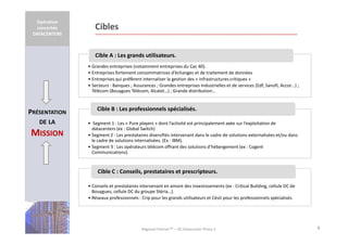 Opération
concertée
DATACENTERS

Cibles
Cible A : Les grands utilisateurs.
• Grandes entreprises (notamment entreprises du Cac 40).
• Entreprises fortement consommatrices d’échanges et de traitement de données
• Entreprises qui préfèrent internaliser la gestion des « infrastructures critiques »
• Secteurs : Banques ; Assurances ; Grandes entreprises Industrielles et de services (Edf, Sanofi, Accor…) ;
Télécom (Bouygues Télécom, Alcatel…) ; Grande distribution…

PRÉSENTATION
DE LA

MISSION

Cible B : Les professionnels spécialisés.
• Segment 1 : Les « Pure players » dont l’activité est principalement axée sur l’exploitation de
datacenters (ex : Global Switch)
• Segment 2 : Les prestataires diversifiés intervenant dans le cadre de solutions externalisées et/ou dans
le cadre de solutions internalisées. (Ex : IBM).
• Segment 3 : Les opérateurs télécom offrant des solutions d’hébergement (ex : Cogent
Communications).

Cible C : Conseils, prestataires et prescripteurs.
• Conseils et prestataires intervenant en amont des investissements (ex : Critical Building, cellule DC de
Bouygues, cellule DC du groupe Stéria…).
• Réseaux professionnels : Crip pour les grands utilisateurs et Césit pour les professionnels spécialisés.

Regional PartnerTM – OC Datacenter Phase 2

8

 