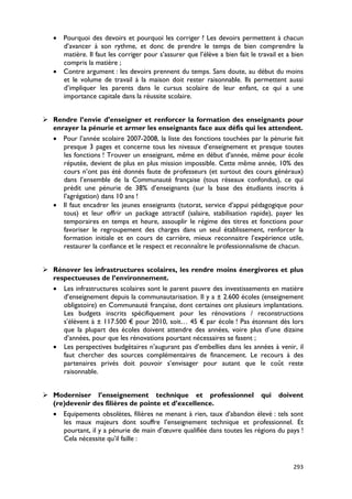 • Pourquoi des devoirs et pourquoi les corriger ? Les devoirs permettent à chacun
     d’avancer à son rythme, et donc de prendre le temps de bien comprendre la
     matière. Il faut les corriger pour s’assurer que l’élève a bien fait le travail et a bien
     compris la matière ;
   • Contre argument : les devoirs prennent du temps. Sans doute, au début du moins
     et le volume de travail à la maison doit rester raisonnable. Ils permettent aussi
     d’impliquer les parents dans le cursus scolaire de leur enfant, ce qui a une
     importance capitale dans la réussite scolaire.


 Rendre l’envie d’enseigner et renforcer la formation des enseignants pour
  enrayer la pénurie et armer les enseignants face aux défis qui les attendent.
  • Pour l’année scolaire 2007-2008, la liste des fonctions touchées par la pénurie fait
     presque 3 pages et concerne tous les niveaux d’enseignement et presque toutes
     les fonctions ! Trouver un enseignant, même en début d’année, même pour école
     réputée, devient de plus en plus mission impossible. Cette même année, 10% des
     cours n’ont pas été donnés faute de professeurs (et surtout des cours généraux)
     dans l’ensemble de la Communauté française (tous réseaux confondus), ce qui
     prédit une pénurie de 38% d’enseignants (sur la base des étudiants inscrits à
     l’agrégation) dans 10 ans !
  • Il faut encadrer les jeunes enseignants (tutorat, service d’appui pédagogique pour
     tous) et leur offrir un package attractif (salaire, stabilisation rapide), payer les
     temporaires en temps et heure, assouplir le régime des titres et fonctions pour
     favoriser le regroupement des charges dans un seul établissement, renforcer la
     formation initiale et en cours de carrière, mieux reconnaitre l’expérience utile,
     restaurer la confiance et le respect et reconnaître le professionnalisme de chacun.


 Rénover les infrastructures scolaires, les rendre moins énergivores et plus
  respectueuses de l’environnement.
  • Les infrastructures scolaires sont le parent pauvre des investissements en matière
     d’enseignement depuis la communautarisation. Il y a ± 2.600 écoles (enseignement
     obligatoire) en Communauté française, dont certaines ont plusieurs implantations.
     Les budgets inscrits spécifiquement pour les rénovations / reconstructions
     s’élèvent à ± 117.500 € pour 2010, soit… 45 € par école ! Pas étonnant dès lors
     que la plupart des écoles doivent attendre des années, voire plus d’une dizaine
     d’années, pour que les rénovations pourtant nécessaires se fasent ;
  • Les perspectives budgétaires n’augurant pas d’embellies dans les années à venir, il
     faut chercher des sources complémentaires de financement. Le recours à des
     partenaires privés doit pouvoir s’envisager pour autant que le coût reste
     raisonnable.


 Moderniser l’enseignement technique et professionnel qui doivent
  (re)devenir des filières de pointe et d’excellence.
  • Equipements obsolètes, filières ne menant à rien, taux d’abandon élevé : tels sont
     les maux majeurs dont souffre l’enseignement technique et professionnel. Et
     pourtant, il y a pénurie de main d’œuvre qualifiée dans toutes les régions du pays !
     Cela nécessite qu’il faille :


                                                                                          293
 