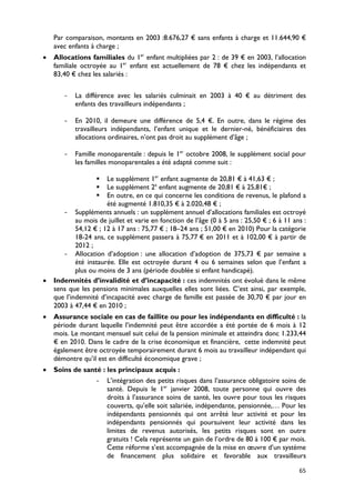 Par comparaison, montants en 2003 :8.676,27 € sans enfants à charge et 11.644,90 €
    avec enfants à charge ;
•   Allocations familiales du 1er enfant multipliées par 2 : de 39 € en 2003, l’allocation
    familiale octroyée au 1er enfant est actuellement de 78 € chez les indépendants et
    83,40 € chez les salariés :


       -   La différence avec les salariés culminait en 2003 à 40 € au détriment des
           enfants des travailleurs indépendants ;

       -   En 2010, il demeure une différence de 5,4 €. En outre, dans le régime des
           travailleurs indépendants, l’enfant unique et le dernier-né, bénéficiaires des
           allocations ordinaires, n’ont pas droit au supplément d’âge ;

       -   Famille monoparentale : depuis le 1er octobre 2008, le supplément social pour
           les familles monoparentales a été adapté comme suit :

                      Le supplément 1er enfant augmente de 20,81 € à 41,63 € ;
                      Le supplément 2e enfant augmente de 20,81 € à 25,81€ ;
                      En outre, en ce qui concerne les conditions de revenus, le plafond a
                       été augmenté 1.810,35 € à 2.020,48 € ;
       - Suppléments annuels : un supplément annuel d’allocations familiales est octroyé
            au mois de juillet et varie en fonction de l’âge (0 à 5 ans : 25,50 € ; 6 à 11 ans :
            54,12 € ; 12 à 17 ans : 75,77 € ; 18–24 ans ; 51,00 € en 2010) Pour la catégorie
            18-24 ans, ce supplément passera à 75,77 € en 2011 et à 102,00 € à partir de
            2012 ;
       - Allocation d’adoption : une allocation d’adoption de 375,73 € par semaine a
            été instaurée. Elle est octroyée durant 4 ou 6 semaines selon que l’enfant a
            plus ou moins de 3 ans (période doublée si enfant handicapé).
•   Indemnités d’invalidité et d’incapacité : ces indemnités ont évolué dans le même
    sens que les pensions minimales auxquelles elles sont liées. C’est ainsi, par exemple,
    que l’indemnité d’incapacité avec charge de famille est passée de 30,70 € par jour en
    2003 à 47,44 € en 2010 ;
•   Assurance sociale en cas de faillite ou pour les indépendants en difficulté : la
    période durant laquelle l’indemnité peut être accordée a été portée de 6 mois à 12
    mois. Le montant mensuel suit celui de la pension minimale et atteindra donc 1.233,44
    € en 2010. Dans le cadre de la crise économique et financière, cette indemnité peut
    également être octroyée temporairement durant 6 mois au travailleur indépendant qui
    démontre qu’il est en difficulté économique grave ;
•   Soins de santé : les principaux acquis :
                   -   L’intégration des petits risques dans l’assurance obligatoire soins de
                       santé. Depuis le 1er janvier 2008, toute personne qui ouvre des
                       droits à l’assurance soins de santé, les ouvre pour tous les risques
                       couverts, qu’elle soit salariée, indépendante, pensionnée,… Pour les
                       indépendants pensionnés qui ont arrêté leur activité et pour les
                       indépendants pensionnés qui poursuivent leur activité dans les
                       limites de revenus autorisés, les petits risques sont en outre
                       gratuits ! Cela représente un gain de l’ordre de 80 à 100 € par mois.
                       Cette réforme s’est accompagnée de la mise en œuvre d’un système
                       de financement plus solidaire et favorable aux travailleurs

                                                                                             65
 