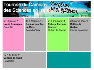 Tournée du Camion
des Sciences en Isère

5 > 8 janvier 11    14 > 19 mars 11    21 > 26 mars 11      28 mars > 2 avril
Lycée Argouges      Collège des îles   Collège Fernand      Collège le
Grenoble            de Mars            Bouvier              Guillon
                    Pont-de-Claix      St-Jean de Bournay   Pont de Beauvoisin




12 > 17 sept. 11
Collège de l’Edit
Roussillon
 