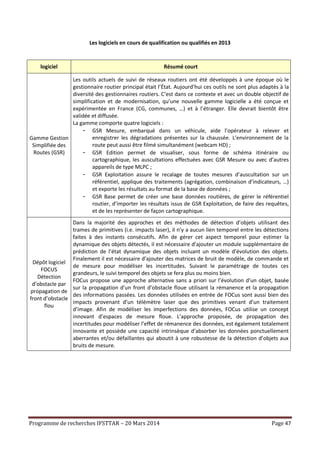 Programme de recherches IFSTTAR – 20 Mars 2014 Page 47
Les logiciels en cours de qualification ou qualifiés en 2013
logiciel Résumé court
Gamme Gestion
Simplifiée des
Routes (GSR)
Les outils actuels de suivi de réseaux routiers ont été développés à une époque où le
gestionnaire routier principal était l’État. Aujourd’hui ces outils ne sont plus adaptés à la
diversité des gestionnaires routiers. C’est dans ce contexte et avec un double objectif de
simplification et de modernisation, qu’une nouvelle gamme logicielle a été conçue et
expérimentée en France (CG, communes, …) et à l’étranger. Elle devrait bientôt être
validée et diffusée.
La gamme comporte quatre logiciels :
- GSR Mesure, embarqué dans un véhicule, aide l’opérateur à relever et
enregistrer les dégradations présentes sur la chaussée. L’environnement de la
route peut aussi être filmé simultanément (webcam HD) ;
- GSR Edition permet de visualiser, sous forme de schéma itinéraire ou
cartographique, les auscultations effectuées avec GSR Mesure ou avec d’autres
appareils de type MLPC ;
- GSR Exploitation assure le recalage de toutes mesures d’auscultation sur un
référentiel, applique des traitements (agrégation, combinaison d’indicateurs, …)
et exporte les résultats au format de la base de données ;
- GSR Base permet de créer une base données routières, de gérer le référentiel
routier, d’importer les résultats issus de GSR Exploitation, de faire des requêtes,
et de les représenter de façon cartographique.
Dépôt logiciel
FOCUS
Détection
d’obstacle par
propagation de
front d’obstacle
flou
Dans la majorité des approches et des méthodes de détection d’objets utilisant des
trames de primitives (i.e. impacts laser), il n’y a aucun lien temporel entre les détections
faites à des instants consécutifs. Afin de gérer cet aspect temporel pour estimer la
dynamique des objets détectés, il est nécessaire d’ajouter un module supplémentaire de
prédiction de l’état dynamique des objets incluant un modèle d’évolution des objets.
Finalement il est nécessaire d’ajouter des matrices de bruit de modèle, de commande et
de mesure pour modéliser les incertitudes. Suivant le paramétrage de toutes ces
grandeurs, le suivi temporel des objets se fera plus ou moins bien.
FOCus propose une approche alternative sans a priori sur l’évolution d’un objet, basée
sur la propagation d’un front d’obstacle floue utilisant la rémanence et la propagation
des informations passées. Les données utilisées en entrée de FOCus sont aussi bien des
impacts provenant d’un télémètre laser que des primitives venant d’un traitement
d’image. Afin de modéliser les imperfections des données, FOCus utilise un concept
innovant d’espaces de mesure floue. L’approche proposée, de propagation des
incertitudes pour modéliser l’effet de rémanence des données, est également totalement
innovante et possède une capacité intrinsèque d’absorber les données ponctuellement
aberrantes et/ou défaillantes qui aboutit à une robustesse de la détection d’objets aux
bruits de mesure.
 