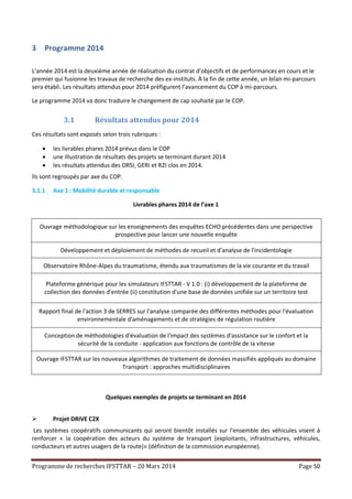 Programme de recherches IFSTTAR – 20 Mars 2014 Page 50
3 Programme 2014
L’année 2014 est la deuxième année de réalisation du contrat d’objectifs et de performances en cours et le
premier qui fusionne les travaux de recherche des ex-instituts. À la fin de cette année, un bilan mi-parcours
sera établi. Les résultats attendus pour 2014 préfigurent l’avancement du COP à mi-parcours.
Le programme 2014 va donc traduire le changement de cap souhaité par le COP.
3.1 Résultats attendus pour 2014
Ces résultats sont exposés selon trois rubriques :
 les livrables phares 2014 prévus dans le COP
 une illustration de résultats des projets se terminant durant 2014
 les résultats attendus des ORSI, GERI et R2I clos en 2014.
Ils sont regroupés par axe du COP.
3.1.1 Axe 1 : Mobilité durable et responsable
Livrables phares 2014 de l’axe 1
Ouvrage méthodologique sur les enseignements des enquêtes ECHO précédentes dans une perspective
prospective pour lancer une nouvelle enquête
Développement et déploiement de méthodes de recueil et d'analyse de l'incidentologie
Observatoire Rhône-Alpes du traumatisme, étendu aux traumatismes de la vie courante et du travail
Plateforme générique pour les simulateurs IFSTTAR - V 1.0 : (i) développement de la plateforme de
collection des données d'entrée (ii) constitution d'une base de données unifiée sur un territoire test
Rapport final de l'action 3 de SERRES sur l'analyse comparée des différentes méthodes pour l'évaluation
environnementale d'aménagements et de stratégies de régulation routière
Conception de méthodologies d'évaluation de l'impact des systèmes d'assistance sur le confort et la
sécurité de la conduite - application aux fonctions de contrôle de la vitesse
Ouvrage IFSTTAR sur les nouveaux algorithmes de traitement de données massifiés appliqués au domaine
Transport : approches multidisciplinaires
Quelques exemples de projets se terminant en 2014
 Projet DRIVE C2X
Les systèmes coopératifs communicants qui seront bientôt installés sur l'ensemble des véhicules visent à
renforcer « la coopération des acteurs du système de transport (exploitants, infrastructures, véhicules,
conducteurs et autres usagers de la route)» (définition de la commission européenne).
 