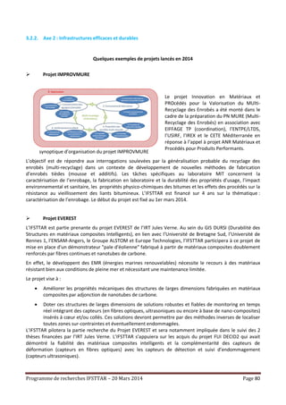 Programme de recherches IFSTTAR – 20 Mars 2014 Page 80
3.2.2. Axe 2 : Infrastructures efficaces et durables
Quelques exemples de projets lancés en 2014
 Projet IMPROVMURE
synoptique d’organisation du projet IMPROVMURE
Le projet Innovation en Matériaux et
PROcédés pour la Valorisation du MUlti-
Recyclage des Enrobés a été monté dans le
cadre de la préparation du PN MURE (Multi-
Recyclage des Enrobés) en association avec
EIFFAGE TP (coordination), l’ENTPE/LTDS,
l’USIRF, l’IREX et le CETE Méditerranée en
réponse à l’appel à projet ANR Matériaux et
Procédés pour Produits Performants.
L’objectif est de répondre aux interrogations soulevées par la généralisation probable du recyclage des
enrobés (multi-recyclage) dans un contexte de développement de nouvelles méthodes de fabrication
d’enrobés tièdes (mousse et additifs). Les tâches spécifiques au laboratoire MIT concernent la
caractérisation de l’enrobage, la fabrication en laboratoire et la durabilité des propriétés d’usage, l’impact
environnemental et sanitaire, les propriétés physico-chimiques des bitumes et les effets des procédés sur la
résistance au vieillissement des liants bitumineux. L’IFSTTAR est financé sur 4 ans sur la thématique :
caractérisation de l’enrobage. Le début du projet est fixé au 1er mars 2014.
 Projet EVEREST
L’IFSTTAR est partie prenante du projet EVEREST de l’IRT Jules Verne. Au sein du GIS DURSI (Durabilité des
Structures en matériaux composites Intelligents), en lien avec l’Université de Bretagne Sud, l’Université de
Rennes 1, l’ENSAM-Angers, le Groupe ALSTOM et Europe Technologies, l’IFSTTAR participera à ce projet de
mise en place d'un démonstrateur "pale d'éolienne" fabriqué à partir de matériaux composites doublement
renforcés par fibres continues et nanotubes de carbone.
En effet, le développent des EMR (énergies marines renouvelables) nécessite le recours à des matériaux
résistant bien aux conditions de pleine mer et nécessitant une maintenance limitée.
Le projet vise à :
 Améliorer les propriétés mécaniques des structures de larges dimensions fabriquées en matériaux
composites par adjonction de nanotubes de carbone.
 Doter ces structures de larges dimensions de solutions robustes et fiables de monitoring en temps
réel intégrant des capteurs (en fibres optiques, ultrasoniques ou encore à base de nano-composites)
insérés à cœur et/ou collés. Ces solutions devront permettre par des méthodes inverses de localiser
toutes zones sur-contraintes et éventuellement endommagées.
L’IFSTTAR pilotera la partie recherche du Projet EVEREST et sera notamment impliquée dans le suivi des 2
thèses financées par l’IRT Jules Verne. L’IFSTTAR s’appuiera sur les acquis du projet FUI DECID2 qui avait
démontré la fiabilité des matériaux composites intelligents et la complémentarité des capteurs de
déformation (capteurs en fibres optiques) avec les capteurs de détection et suivi d’endommagement
(capteurs ultrasoniques).
 
