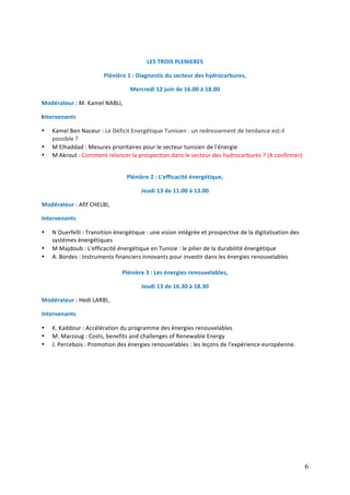 6
	
	
LES	TROIS	PLENIERES	
Plénière	1	:	Diagnostic	du	secteur	des	hydrocarbures,		
Mercredi	12	juin	de	16.00	à	18.00	
Modérateur	:	M.	Kamel	NABLI,		
Intervenants	
• Kamel	Ben	Naceur	:	Le	Déficit	Energétique	Tunisien	:	un	redressement	de	tendance	est-il	
possible	?	
• M	Elhaddad	:	Mesures	prioritaires	pour	le	secteur	tunisien	de	l'énergie	
• M	Akrout	:	Comment	relancer	la	prospection	dans	le	secteur	des	hydrocarbures	?	(A	confirmer)	
	
Plénière	2	:	L’efficacité	énergétique,		
Jeudi	13	de	11.00	à	13.00	
Modérateur	:	Afif	CHELBI,		
Intervenants	
• N	Ouerfelli	:	Transition	énergétique	:	une	vision	intégrée	et	prospective	de	la	digitalisation	des	
systèmes	énergétiques	
• M	Majdoub	:	L'efficacité	énergétique	en	Tunisie	:	le	pilier	de	la	durabilité	énergétique	
• A.	Bordes	:	Instruments	financiers	innovants	pour	investir	dans	les	énergies	renouvelables		
	
Plénière	3	:	Les	énergies	renouvelables,		
Jeudi	13	de	16.30	à	18.30	
Modérateur	:	Hedi	LARBI,		
Intervenants	
• K.	Kaddour	:	Accélération	du	programme	des	énergies	renouvelables	
• M.	Marzoug	:	Costs,	benefits	and	challenges	of	Renewable	Energy	
• J.	Percebois	:	Promotion	des	énergies	renouvelables	:	les	leçons	de	l'expérience	européenne.	
	
	
 