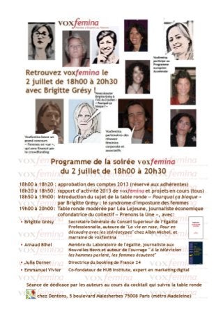 Participez à la table ronde avec voxfemina et Brigitte Grésy le 2 juillet 2014 "Pourquoi ça bloque ?" suivi de dédicaces