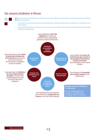10
Bénéficier
de conditions
d’accès
privilégiées
Identifier des
experts
Proposer des
thématiques de
travail
Concevoir
et organiser
un événement
interne
Enrichir sa base
documentaire
Faire grandir vos
collaborateurs
Vous profitez des travaux de
recherche les plus récents et
des pratiques d’entreprises
les plus innovantes.
Vous développez votre réseau
de pairs.
Vous avez accès à notre réseau
de praticiens d’entreprises
et de chercheurs. Nous vous
orientons en fonction
de votre besoin et facilitons
la mise en relation.
Vous participez à la définition
de notre programmation
annuelle, en fonction des
problématiques que vous
rencontrez dans votre
enterprise.
Vous bénéficiez de 30 % de
réduction sur toutes nos
activités et de la participation
gratuite à certains événements.
Vous disposez de l’ensemble
des comptes rendus de nos
événements.
Vous bénéficiez de notre expertise
pour construire un programme sur-
mesure au sein de votre entreprise.
Devenir entreprise adhérente, c’est faire le pari de la réflexion et rejoindre un réseau de pairs convaincus
de la pertinence :
•	 du recours aux sciences humaines et sociales pour comprendre les enjeux auxquels les entreprises sont
confrontées.
•	 du partage d’expérience et de la co-construction pour élaborer de nouvelles pistes d’action à la lumière
d’apport académiques.
Montant annuel de l’adhésion :
10 000 euros.
Tous les collaborateurs de
l’entreprise bénéficient des
avantages relatifs à l’adhésion.
Six raisons d’adhérer à l’Anvie
Retour au sommaire
 