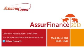 Conférence ActuariaCnam – EFAB CNAM
site : http://assurfinance2013.actuariacnam.net   Mardi 09 avril 2013
   @AssurFinance13                                     08h30 - 12h45
                                                                        1
 