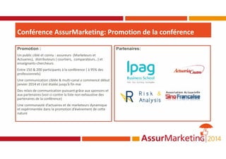 Promotion :
Un public ciblé et connu : assureurs (Marketeurs et
Actuaires), distributeurs ( courtiers, comparateurs…) et
enseignants-chercheurs
Entre 150 & 200 participants à la conférence ( à 95% des
professionnels)
Une communication ciblée & multi-canal a commencé début
janvier 2014 et s’est étalée jusqu’à fin mai
Des relais de communication puissant grâce aux sponsors et
aux partenaires (voir ci-contre la liste non exhaustive des
partenaires de la conférence)
Une communauté d’actuaires et de marketeurs dynamique
et expérimentée dans la promotion d’événement de cette
nature
Partenaires:
Conférence AssurMarketing: Promotion de la conférence
 