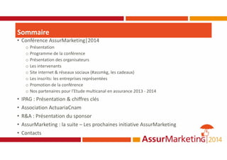 Sommaire
• Conférence AssurMarketing|2014
o Présentation
o Programme de la conférence
o Présentation des organisateurs
o Les intervenants
o Site internet & réseaux sociaux (#assmkg, les cadeaux)
o Les inscrits: les entreprises représentées
o Promotion de la conférence
o Nos partenaires pour l’Etude multicanal en assurance 2013 - 2014
• IPAG : Présentation & chiffres clés
• Association ActuariaCnam
• R&A : Présentation du sponsor
• AssurMarketing : la suite – Les prochaines initiative AssurMarketing
• Contacts
 