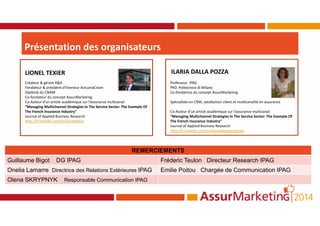 Présentation des organisateurs
LIONEL TEXIER
Créateur & gérant R&A
Fondateur & président d’honneur ActuariaCnam
Diplômé du CNAM
Co-fondateur du concept AssurMarketing
Co-Auteur d’un article académique sur l’assurance multicanal:
“Managing Multichannel Strategies In The Service Sector: The Example Of
The French Insurance Industry”
Journal of Applied Business Research
http://fr.linkedin.com/in/lioneltexier
ILARIA DALLA POZZA
Professeur IPAG
PhD. Politecnico di Milano
Co-fondatrice du concept AssurMarketing
Spécialisée en CRM, satisfaction client et multicanalité en assurance
Co-Auteur d’un article académique sur l’assurance multicanal:
“Managing Multichannel Strategies In The Service Sector: The Example Of
The French Insurance Industry”
Journal of Applied Business Research
http://fr.linkedin.com/in/ilariadallapozzamark
REMERCIEMENTS
Guillaume Bigot DG IPAG Fréderic Teulon Directeur Research IPAG
Onelia Lamarre Directrice des Relations Extérieures IPAG Emilie Poitou Chargée de Communication IPAG
Olena SKRYPNYK Responsable Communication IPAG
 