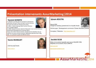 Présentation intervenants AssurMarketing|2014
Yannick SCHMITZ
Yannis MURGUET
Sylvain BOUTIN
Depuis 2009:
Chargé de marketing opérationnel à la mutuelle Smatis
Chef de projet : Développement commercial / Études /Nouveaux produits
Concepteur / Rédacteur : http://www.blog-vin.fr
Chef de projet Smatis
www.smatis.fr
Il a débuté sa carrière dans le monde de la distribution
spécialisée (Armand Thiery, Go Sport) comme directeur
de centre de profit puis directeur des achats.
En 2001, il rejoint le groupe Macif comme Directeur
de la stratégie digitale.
En 2008 il devient Directeur Général d'idmacif,fr et est nommé Directeur
Marketing & Développement du groupe Macif.
Depuis mars 2014, Yannick Schmitz a décidé de faire bénéficier de son
expertise une jeune startup niortaise, Mydataball spécialisé dans le Big
Data, en y prenant le poste de CMO & Comms.
Société SCUB
Editeur de la solution logicielle open source SQUARE CRM.
Intégrateur de la solution chez la SMATIS
www.scub.net
www.square-solutions.com
 