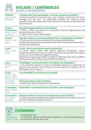 ATELIERS / CONFÉRENCES
OFFERTS // SUR INSCRIPTION
28 février
8h30 > 10h00
WEBINAIRE
Commerçants éco responsables : et si vous essayiez le réemploi ?
// Achat de matériel de seconde main, vrac, consigne, réutilisation de chutes,
échanges avec des tiers : de nombreuses solutions sont mises en place
aujoud’hui pour allier optimisation des ressources, économies et demandes des
consommateurs.
17 mars
22 novembre
14h00 > 16h30
WEBINAIRE
Actualités réglementaires sur les déchets
// 14h00 > 15h00 : Tout savoir sur les dernières évolutions réglementaires des
déchets (filières de tri, REP...).
// 15h30 > 16h30 : Focus TRACK Déchets.
22 mars
14h00 > 17h00
Angers
Agir pour réduire ses consommations d’eau : témoignages et solutions
// A l’occasion de la journée mondiale de l’eau, découvrez des retours
d’expériences d’entreprises, des solutions pour réduire vos consommations d’eau,
des outils de mobilisation.
7 avril
9h00 > 17h00
Cholet
La RSE : de nouveaux leviers pour la prévention
// Comme chaque année, cette journée apportera témoignages, retours
d’expériences pour faire avancer la culture santé-sécurité au travail en entreprise.
Un focus sur les actualités sera également réalisé.
Evénement co-organisé par l’ARACT, la CARSAT, le CNAM-IHIE ouest, la CCI, la DREETS
des Pays de la Loire, la MSA, le STCS, l’OPPBTP, la FDSEA49.
3 mai
Horaires à venir
Laval
Emballages : comment les éviter, les réduire, les réemployer ?
// Vous souhaitez réduire le volume d’emballages générés (ou subits) dans le
cadre de votre activité ? Venez découvrir et vous inspirer des initiatives qui se
développent dans la région !
12 mai
14h00 / Siège
ADEME Angers
5 ans de l’ADECC, sur le thème de la sobriété
A venir dans
votre départ.
L’éco-conception à votre rencontre
// Ateliers avec retours d’expériences d’entreprises.
17 novembre
16h00 > 19h00
Angers
Ecoproduire : les entreprises des Pays de la Loire s’engagent
22 novembre
14h à 16h30
WEBINAIRE
Comment mettre en oeuvre le réemploi dans mon entreprise
// Toute entreprise peut adopter des pratiques de réemploi. Tour d’horizon de ce qui
peut être rémployé, pourquoi et comment.
juin
Saint-Nazaire
14h00 > 17h00
Orace Energie Tour
// L’événement régional de l’efficacité énergétique et de la décarbonation pour
les entreprises des Pays de la Loire.
ÉVÈNEMENT
23
 