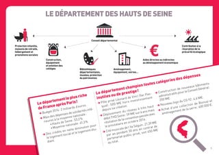 LE DÉPARTEMENT DES HAUTS DE SEINE
Protection infantile,
maisons de retraite,
hébergement et
prestations sociales
Construction,
équipement
et entetien des
collèges Bibliothèques
départementales,
musées, protection
du patrimoines
Aménagement,
équipement, voiries…
Aides directes ou indirectes
au déveleppoment économique
Contribution à la
résorption de la
précarité écologique
Conseil départemental
Le département champion toutes catégories des dépenses
inutiles ou de prestige !
 Pôle privé Léonard de Vinci (fac Pas-
qua) : 500 M€ hors investissement
depuis sa création.
 Déploiement du réseau à très haut
débit THD Seine : 59 M€ sur 6 ans mais
résiliation de la convention passée avec
le prestataire en octobre 2014.
 Cité musicale de l’Ile Séguin : 21,39 M€
par an pendant 30 ans en contrat de
partenariat public-privé, soit 650 M€
au total.
 Construction de nouveaux bâtiments
administratifs pour le Conseil Général :
200 M€.
 Nouveau logo du CG 92 : 4,6 M€.
 Achat d’une collection de Bonsaï et
aménagement de la serre : 600 000 €.Ledépartementleplusriche
deFranceaprèsParis !
 Budget 2014 : 2 milliards d’euros.
 Mais des dépenses de solidarités infé-
rieures à la moyenne nationale :
• Hauts de Seine : 53,2 %
• Moyenne nationale : 61,3 %
 Des crédits en nette diminution pour
le logement social et le logement étu-
diant.
5
 