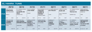 EL HAMRA TUNIS
29/10 30/10 31/10 01/11 02/11 03/11 04/11 05/11
17h30
Tanit d’or 1972
Sambizanga
Sarah Maldoror
Angola
50° Hommage Idrissa
Ouedraogo
La colère des
Dieux
Burkina Faso
Focus O. Assayas
L’eau froide
France
Tanit de bronze CM 1970
Cabascabo
Le Niger au
festival de
carthage
Oumarou Ganda
Les Courts métrages
48 H project
Tunisie
Cinéma du monde
BLIND SUN
Joyce A. Nashawati
France
50° Hommage Idrissa
Ouedraogo
Tilai (La loi)
Burkina Faso
Cinéma asiatique
Monster hunT
Raman Hui
Chine
102’ VOST 90’ VOST FR 92’ VOST 45’ 45’ VOST 72’ VOST 88’ VOST 81’ VOST ANG 118’ VOST
20h00
Tanit d’or 1986
L’homme de
cendres
Nouri Bouzid
Tunisie
Tanit d’or 1974
Kafr Kassem
Borhane Alaouie
Liban/Syrie
Cinéma du monde
Ailleurs 6’
Bunkers 14’
E.T.E.R.N.I.T 14’20
LES FIANCES
D’IMILCHIL 53’
Cinéma asiatique
THE DEAD END
Cao Baoping
Chine
Hommage à F.
Boughedir
Caméra
d’Afrique
Tunisie
50° Hommage D.D.
Mambety
Le franc +
Mille soleils
Sénégal
50° Hommage I.
Ouedraogo
Tanit d’argent 1992
Samba Traoré
Burkina Faso
Cinéma du monde
The things we
harbour
The bicycle man
Let me Be
VOST FR 120’ VOST VOST 139’ VOST 60’ VOST FR 46’ 45’ VOST 85’ VOST FR 28’ 28’ 29’ VOST
 