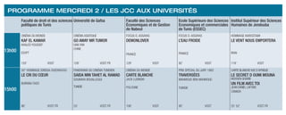 Programme Mercredi 2 / Les JCC aux Universités
Faculté de droit et des sciences
politiques de Tunis
Université de Gafsa Faculté des Sciences
Économiques et de Gestion
de Nabeul
Ecole Supérieure des Sciences
Economiques et commerciales
de Tunis (ESSEC)
Institut Supérieur des Sciences
Humaines de Jendouba
13h00
Cinéma du monde
Kaf el kamar
Khaled Youssef
Egypt
Cinéma asiatique
Go Away Mr tumor
Han Yan
Chine
Focus O. Assayas
DEMONLOVER
France
Focus O. Assayas
L’eau froide
France
Hommage Kiarostami
Le vent nous emportera
Iran
120’ VOST 128’ VOST FR 129’ VOST 92’ VOST 118’ VOST
15h00
50° Hommage Idrissa Ouedraogo
Le cri du cœur
Burkina Faso
Panorama du cinéma tunisien
Saida min tahet al ramad
Soumaya Bouallegui
Tunisie
Cinéma du monde
CARTE BLANCHE
Jack Lusinski
Pologne
Prix spécial du jury 1982
Traversées
Mahmoud ben Mahmoud
Tunisie
Carte blanchevue d’afrique
LE SECRET D OUMI MOUNA
Mohsen Gharbi
UN FILM AVEC TOI
Jean Daniel LAFOND
Canada
86’ VOST FR 53’ VOST FR 106’ VOST 90’ VOST 25’ 52’ VOST FR
 