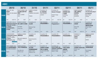 ABC
29/10 30/10 31/10 01/11 02/11 03/11 04/11 05/11
14h00
Tanit d’or 1980
Aziza
Abdellatif Ben Ammar
Tunisie
Tanit d’argent 1968
Le veilleur de
nuit
Khalil Chawki
Iraq
Cinéma du monde
ISOLA
Fabianny Deschamps
France
Compétition LM
Al Medina
Omar Shargawi
Jordanie
Compétition LM
Haram El Gasad
Khaled El Hagar
Egypte
Compétition LM
DEMAIN DES
L’AUBE
Lotfi Achour
Tunisie
Cinéma asiatique
THE JUNGLE
SCHOOL
Riri Riza
Indonésie
Compétition LM
The Revolution Won’t
be Televised
Rama Thiaw
Sénégal
100’ VOST FR 90’ VOST 93’ VOST 90’ VOST EN 124’ VOST EN 83’ VOST FR 90’ VOST 110’ VOST EN
16h30
Tanits CM 72, 93, 94
Mon village, un village
parmi tant d’autres +
La Station +
Un Certain Matin +
Octobre
Cinéma du monde
NO LAND’S SONG
Ayat Najafi
France-Iran
Compétition LM
CLASH
Mohamed Diab
Egypte
Ciné-promesse
Programme 1
Ciné-promesse
Programme 2
Ciné-promesse
Programme 3
Compétition LM
CHOUF
Karim Dridi
Tunisie
Compétition LM
Memleket
imerulekan
Adnan Osman
Iraq
VOST 93’ VOST 97’ VOST EN 101’ VOST 84’ VOST 75’ VOST 108’ VOST FR 72’ VOST EN
18h30
Films restaurés
Les Baliseurs du désert
Naceur Khmir - Tunisie
(Prix de la 1ere
œuvre 84)
Le faucon
Khaled Al Siddik Kuwait
Tanit d’argent CM 1966
Sur invitation
Cinéma du monde
MAROSA
Brillante Mendoza
Philippine
Compétition LM
DIVINES
Houda benyamina
Maroc
Compétition CM
Programme A
Compétition CM
Programme B
Compétition CM
Programme C
Hommage à F.
Boughedir
Zizou
Tunisie
Cinéma du monde
MIMOSAS
Oliver Laxe
Maroc
95’ 12’ VOST 110’ VOST 106’ VO 110’ VOST 117’ VOST 101’ VOST 99’ 96’ VOST
20h30
Tanit d’argent 1972
Le charbonnier
Mohamed Bouamari
Algérie
Cinéma asiatique
THE STRANGERS
Na Hong-jin
Corée du sud
Compétition LM
Action
Kommandant
Nadine Cloete
Afrique du sud
Compétition LM
ZAINEB N’AIME
PAS LA NEIGE
Kaouther BEN HANIA
Tunisie
Compétition LM
Hissein HABRE UNE
TRAGEDIE TCHADIENNE
Mahamat-Saleh
Haroun / Tchad
Compétition LM
THALA MON
AMOUR
Mehdi Hmili
Tunisie
Compétition LM
STARVE YOUR DOG
Hicham Lasri
Maroc
Cinéma asiatique
HARMONIUM
KÕji Fukada
Japon
97’ VOST 156’ VOST 90’ VOST EN 94’ VOST FR 82’ VOST FR 87’ VOST FR 94’ VOST FR 118’ VOST
 
