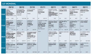 LE Mondial
29/10 30/10 31/10 01/11 02/11 03/11 04/11 05/11
15h00
Hommage FEPACI aux
pionniers
Khartoum
Gadalla Gubara
Cinéma in Sudan:
Conversations With
Gadalla Gubara
Frédérique Cifuentes Soudan
Films restaurés
La France est
notre patrie
Rithy Pahn
Cambodge
Focus O. Assayas
ELDORADO
France
Hommage à F.
Boughedir
Halfaouine
Tunisie
Panorama du cinéma
tunisien - Focus Kamel
Cherif
Premier Noel
Signe d’appartenance
A la recherche du
premier film tunisien
Tunisie
Focus O. Assayas
L’HEURE D’ÉTÉ
France
50° Hommage Idrissa.
Ouedraogo
Yaaba (Grand-
mère)
Burkina Faso
Cinéma asiatique
Monster hunT
Raman Hui
Chine
20’ 52’ VOST 75’ VOST ANG 90’ VOST 95’ VOST FR VOST 100’ VOST 90’ VOST 118’ VOST
17h30
Hommage FEPACI aux
pionniers
Tahar Chèriaa
a L’Ombre du
Baobab
Mohamed Challouf
Tunisie
Courts métrages JCC 76
Hommage à F.
Boughedir
Au pays de
Tararani
Tunisie
Hommage à F.
Boughedir
Caméra
d’Afrique
Tunisie
Panorama du cinéma
tunisien
L.E.N.Z Je veux
devenir fou,
fou, furieux
Yosr Gasmi
Mauro Mazzocchi
Tunisie
Panorama du cinéma tunisien
KHALINA HAKKA
KHIR
Mehdi Barsaoui
Attitude
nes Ben Othman
Tunisie
Panorama du cinéma tunisien
Saida min tahet al
ramad
Soumaya Bouallegui
El Horla
Younes Ben Hajria
Bab Jdid Slim Gribaa
Tunisie
Panorama du cinéma tunisien
Les aventures de
Dalila
Taieb Jallouli
On m’appelait
Barbaria
Lassaad Ouselati
Tunisie
Focus O. Assayas
L’eau froide
France
69’ VOST ANG 80’ VO 60’ VOST FR 19’ 52’ VOST FR 53’ 7’ 12’ VOST FR 65’ 30’ VOST FR 92’ VOST
19h30
Hommage FEPACI aux
pionniers
Sembene Ousmane
le Docker Noir
Fatma Zohra Zamoun
AL’ LEESSI, Une
ActriceAfricaine
Rahmou Keita - Niger
Cinéma du monde
ROSENN
Yvan Le Moine
Belgique
Carte blanche vue d’afrique
LE SECRET D’OUMI
MOUNA
Mohsen Gharbi
UN FILM AVEC TOI
Jean Daniel LAFOND
Canada
Cinéma du monde
CARTE BLANCHE
Jack Lusinski
Pologne
Hommage Kiarostami
FIVE
Iran
Courts
métrages
FTCA 2016
50° Hommage Idrissa
Ouedraogo
Kini et Adams
Burkina Faso
53’ 68’ VOST FR 100’ VOST FR 25’52’ VOST FR 106’ VOST 75’ VOST 105’ VOST FR 93’ VOST ANG
21h30
Hommage FEPACI aux
pionniers
Un Griot moderne
Sotigui Kouyaté
Mahamet Salah Haroun
Tchad
Courts métrages JCC 78
Hommage Kiarostami
ABC AFRICA
Iran
Cinéma du monde
SAYER EL JANAH
Saeed Salmeen
Al-Murry
Emirats
Focus O. Assayas
DEMONLOVER
France
Cinéma du monde
UN ASSIEGE
COMME MOI
Hala Alabdalla
Syrie
Cinéma asiatique
THE DEAD END
Cao Baoping
Chine
La sélection FACC
Amok
Souheil Ben Barka
Maroc
52’ VOST 85’ VOST 90’ VOST ANG 397’ VOST FR 129’ VOST 96’ VOST FR 139’ VOST FR 92’ VOST
 