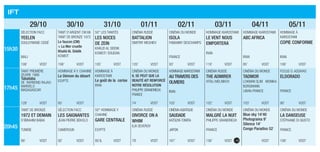 IFT
29/10 30/10 31/10 01/11 02/11 03/11 04/11 05/11
15h30
Sélection FACC
Yeelen
Souleymane Cissé
Mali
Tanit d’argent CM 66
Tanit de Bronze 1972
Le faucon (CM)
+ La Mer cruelle
Khalid AL Siddik
Koweit
50° Les Tanités
Les noces
de Zein
Khalid AL Siddik
Koweit/ Soudan
Cinéma Russe
BATTALION
Dmitriy Meshiev
Cinéma du monde
ISOLA
Fabianny Deschamps
France
Hommage Kiarostami
Le vent nous
emportera
Iran
Hommage Kiarostami
ABC AFRICA
Iran
Hommage à
Kiarostami
COPIE CONFORME
Iran
106’ VOST 106’ VOST 105’ VOST 120’ VOST 93’ VOST 118’ VOST 85’ VOST 106’ VOST
17h45
Tanit première
œuvre 1988
Tabataba
De Raymond RAJAO-
NARIVELO
Madagascar
Hommage à Y. Chahine
Le Démon du désert
Egypte
Hommage à
Kiarostami
Le goût de la cerise
Iran
Cinéma du monde
Il se peut que la
beauté ait renforcé
notre résolution
Philippe Grandrieux
France
Hommage Kiarostami
Autravers des
oliviers
Iran
Cinéma Russe
THE ADMIRER
Vitali Melnikov
Cinéma du monde
TADMOR
Lokman Slim Monika
Borgmann
Liban-France
Focus O. Assayas
ELDORADO
France
128’ VOST 85’ VOST 74’ VOST 103’ VOST 102’ VOST 103’ VOST 90’ VOST
20h45
Tanit de bronze
1972 Et demain
d’Ibrahim Babai
Tunisie
Sélection FACC
Les Saignantes
Jean Pierre Bekolo
Cameroun
50° Hommage Y.
Chahine
Gare centrale
Egypte
Cinéma russe
Divorce on a
Whim
Ilia SEVEROV
Cinémaasiatique
SAUDADE
KatsuyaTomita
Japon
Cinéma du monde
Malgré la nuit
Philippe Grandrieux
France
Cinéma du monde
Blue sky 14’40
Photograma 9’
Silence 14’
Congo Paradiso 52’
Cinéma du monde
La Danseuse
Stéphanie Di Giusto
France
90’ VOST 92’ VOST 95’& VOST 79’ VOST 167’ VOST 156’ VOST VOST 108’ VOST-16
 