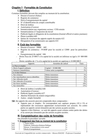 Chapitre 1 : Formalités de Constitution
I. Définition
Certaines formalités doivent être remplies au moment de la constitution.
 Dossier d’exercer (fiches)
 Registre de commerce
 Droit d’enregistrement du capital
 N° d’identification de compte contribuable
 Droit de timbres
 Autorisation d’exercer
 Immatriculation aux organismes sociaux / CSS-retraite
 Immatriculation à l’inspection du travail
 Publicité légale et obligatoire de la constitution (Journal officiel et autres journaux)
 Photo (variable) 605
 Quitus de versement des apports auprès du notaire 632
 Désignation d’un commissaire aux apports 632
II. Coût des formalités
 Dossier d’exercer : 3000F 605
 Registre de commerce : 39.860F pour les société et 12000 pour les particuliers
646
 Enregistrement du capital 646
- Droits fixes de 25 000 F si le capital de la société est inférieur ou égal à 10 000 000
F
- Droits variables de 1 % si le capital de la société est supérieur à 10 000 000 F
Apports Assiettes de calcul Taux
⇒ Purs et simples
. Droit d’apport ordinaire Capital > 10 000 000 1%
. Surtaxes immobilières Valeur nette (comptable) 3%
⇒ A titre Onéreux
. Sur créances Dettes transmises 1%
. Sur marchandises neuves détaillées Dettes transmises 2%
. Sur véhicules neufs Dettes transmises 2%
. Sur véhicules d’occasion Dettes transmises 5%
. Sur biens meubles Dettes transmises 10%
. Sur immeubles Dettes transmises 15%
 Droit de timbres (variable) 646
 Autorisation d’exercer :
 Publicité légale (variable) 627
 Barème Honoraire du notaire (négociable)
 Autres : simple formalité
NB : les apports des associés peuvent comprendre deux composantes :
 Apports purs et simples : Ils correspondent aux capitaux propres (10 à 15) et
représentent des ressources appartenant exclusivement aux associés. En contre
partie ces apports seront rémunérés par des actions au parts sociales.
 Apports à titre Onéreux : ce sont des apports ayant comme contre partie des dettes
et ne seront pas rémunérés par des actions ou parts sociales.
III. Comptabilisation des coûts de formalités
On retiendra la procédure suivante
1. Engagement des frais au moment de la constitution
605
627
632
646
Autres achats
Publicité, Publication Relation Publique
Rémun. d’intermédiaire et de conseil
Droits d’enregistrement
x
x
x
x
……………………………………………………………………………………………………………………..
Fascicule de Comptabilité des sociétés commerciales – Moussa DIAGNE – Professeur-Consultant
2
 