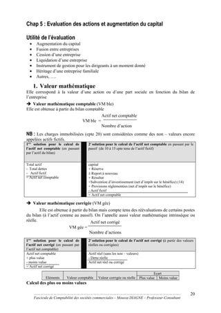 Chap 5 : Evaluation des actions et augmentation du capital
Utilité de l’évaluation
• Augmentation du capital
• Fusion entre entreprises
• Cession d’une entreprise
• Liquidation d’une entreprise
• Instrument de gestion pour les dirigeants à un moment donné
• Héritage d’une entreprise familiale
• Autres, ….
1. Valeur mathématique
Elle correspond à la valeur d’une action ou d’une part sociale en fonction du bilan de
l’entreprise
 Valeur mathématique comptable (VM ble)
Elle est obtenue à partir du bilan comptable
NB : Les charges immobilisées (cpte 20) sont considérées comme des non – valeurs encore
appelées actifs fictifs.
1ere
solution pour le calcul de
l’actif net comptable (en passant
par l’actif du bilan)
2e
solution pour le calcul de l’actif net comptable en passant par le
passif (de 10 à 15 cpte tenu de l’actif fictif)
Total actif
- Total dettes
- Actif fictif
= Actif net comptable
capital
+ Réserve
± Report à nouveau
+ Résultat
+Subvention d’investissement (net d’impôt sur le bénéfice) (14)
+ Provisions réglementées (net d’impôt sur le bénéfice)
- Actif fictif
= Actif net comptable
 Valeur mathématique corrigée (VM gée)
Elle est obtenue à partir du bilan mais compte tenu des réévaluations de certains postes
du bilan (à l’actif comme au passif). On l’appelle aussi valeur mathématique intrinsèque ou
réelle.
1ere
solution pour le calcul de
l’actif net corrigé (en passant par
l’actif net comptable)
2e
solution pour le calcul de l’actif net corrigé (à partir des valeurs
réelles ou corrigées)
Actif net comptable
+ plus value
- moins value
= Actif net corrigé
Actif réel (sans les non – valeurs)
- Dette réelle
Actif net réel ou corrigé
Calcul des plus ou moins values
……………………………………………………………………………………………………………………..
Fascicule de Comptabilité des sociétés commerciales – Moussa DIAGNE – Professeur-Consultant
Eléments Valeur comptable Valeur corrigée ou réelle
Ecart
Plus value Moins value
20
Actif net comptable
VM ble =
Nombre d’action
Actif net corrigé
VM gée =
Nombre d’actions
 