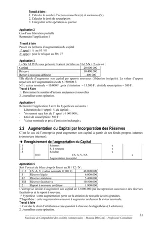 Travail à faire :
1. Calculer le nombre d’actions nouvelles (n) et anciennes (N)
2. Calculer le droit de souscription
3. Enregistrer cette opération au journal
Application 2
Cas d’une libération partielle
Reprendre l’application 1
Travail à faire
Passer les écritures d’augmentation du capital
1er
appel : ¼ au 10 / 01
2e
appel : pour le reliquat au 30 / 07
Application 3
La SA ALPHA vous présente l’extrait du bilan au 31-12-N + 2 suivant :
Capital 20 000 000
Réserve 10 400 000
Report à nouveau débiteur - 400 000
Elle décide d’augmenter son capital par apports nouveaux (libération intégrale). La valeur d’apport
reçue lors de l’augmentation est de 6 750 000 F.
NB : valeur nominale = 10.000 F ; prix d’émission = 13.500 F ; droit de souscription = 300 F.
Travail à Faire
1. Déterminer le nombre d’actions anciennes et nouvelles
2. Journaliser cette opération.
Application 4
Reprendre l’application 3 avec les hypothèses suivantes :
- Libération du 1e
appel : ¼ du capital ;
- Versement reçu lors du 1e
appel : 6 000 000 ;
- Droit de souscription : 500 F ;
- Valeur nominale et prix d’émission inchangés ;
2.2 Augmentation du Capital par Incorporation des Réserves
C’est le cas où l’entreprise peut augmenter son capital à partir de ses fonds propres internes
(ressources internes).
 Enregistrement de l’augmentation du Capital
11
12
13
1013
Réserves
R. à nouveau
Résultat
CS, A, V, NA
Augmentation du capital
x
x
x
x
Application 5
Soit l’extrait du bilan ci-après fourni au 31 / 12 / N :
1013 CS, A, V (valeur nominale 12 000 F) 48.000.000
111 Réserve légale 6.000.000
112 Réserve statutaire 5.400.000
1181 Réserve facultative 10.500.000
121 Report à nouveau créditeur 1.900.000
L’entreprise décide d’augmenter son capital de 12.000.000 par incorporation successive des réserves
facultatives et le report à nouveau.
1er
hypothèse : cette augmentation porte sur la création de nouvelle actions gratuites.
2e
hypothèse : cette augmentation consiste à augmenter seulement la valeur nominale.
Travail à faire
1. Calculer le droit d’attribution correspondant à chacune des hypothèses (3 solutions).
2. Journaliser cette opération.
……………………………………………………………………………………………………………………..
Fascicule de Comptabilité des sociétés commerciales – Moussa DIAGNE – Professeur-Consultant
23
 