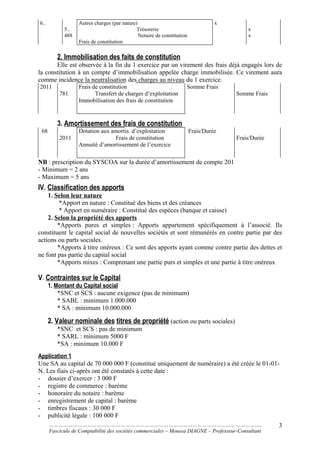 6..
5..
488
Autres charges (par nature)
Trésorerie
Notaire de constitution
Frais de constitution
x
x
x
2. Immobilisation des faits de constitution
Elle est observée à la fin du 1 exercice par un virement des frais déjà engagés lors de
la constitution à un compte d’immobilisation appelée charge immobilisée. Ce virement aura
comme incidence la neutralisation des charges au niveau du 1 exercice.
2011
781
Frais de constitution
Transfert de charges d’exploitation
Immobilisation des frais de constitution
Somme Frais
Somme Frais
3. Amortissement des frais de constitution
68
2011
Dotation aux amortis. d’exploitation
Frais de constitution
Annuité d’amortissement de l’exercice
Frais/Durée
Frais/Durée
NB : prescription du SYSCOA sur la durée d’amortissement de compte 201
- Minimum = 2 ans
- Maximum = 5 ans
IV. Classification des apports
1. Selon leur nature
*Apport en nature : Constitué des biens et des créances
* Apport en numéraire : Constitué des espèces (banque et caisse)
2. Selon la propriété des apports
*Apports pures et simples : Apports appartement spécifiquement à l’associé. Ils
constituent le capital social de nouvelles sociétés et sont rémunérés en contre partie par des
actions ou parts sociales.
*Apports à titre onéreux : Ce sont des apports ayant comme contre partie des dettes et
ne font pas partie du capital social
*Apports mixes : Comprenant une partie purs et simples et une partie à titre onéreux
V. Contraintes sur le Capital
1. Montant du Capital social
*SNC et SCS : aucune exigence (pas de minimum)
* SABL : minimum 1.000.000
* SA : minimum 10.000.000
2. Valeur nominale des titres de propriété (action ou parts sociales)
*SNC et SCS : pas de minimum
* SARL : minimum 5000 F
*SA : minimum 10.000 F
Application 1
Une SA au capital de 70 000 000 F (constitué uniquement de numéraire) a été créée le 01-01-
N. Les fiais ci-après ont été constatés à cette date :
- dossier d’exercer : 3 000 F
- registre de commerce : barème
- honoraire du notaire : barème
- enregistrement de capital : barème
- timbres fiscaux : 30 000 F
- publicité légale : 100 000 F
……………………………………………………………………………………………………………………..
Fascicule de Comptabilité des sociétés commerciales – Moussa DIAGNE – Professeur-Consultant
3
 