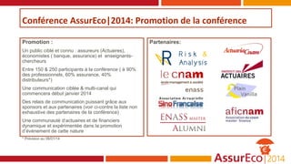 Promotion :
Un public ciblé et connu : assureurs (Actuaires),
économistes ( banque, assurance) et enseignants-
chercheurs
Entre 150 & 250 participants à la conférence ( à 90%
des professionnels, 60% assurance, 40%
distributeurs*)
Une communication ciblée & multi-canal qui
commencera début janvier 2014
Des relais de communication puissant grâce aux
sponsors et aux partenaires (voir ci-contre la liste non
exhaustive des partenaires de la conférence)
Une communauté d’actuaires et de financiers
dynamique et expérimentée dans la promotion
d’événement de cette nature
* Prévision au 06/01/14
Partenaires:
Conférence AssurEco|2014: Promotion de la conférence
 