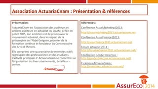 Présentation :
ActuariaCnam est l’association des auditeurs et
anciens auditeurs en actuariat du CNAM. Créée en
juillet 2005, son ambition est de promouvoir le
mouvement actuariel, dans le respect de la
philosophie de l’Abbé Grégoire, pionnier de la
formation continue et fondateur du Conservatoire
des Arts et Métiers.
Elle comprend une quarantaine de membres actifs
regroupant des professionnels et des étudiants.
L’activité principale d’ ActuariaCnam se concentre sur
l’organisation de divers événements, détaillés ci-
contre.
Références :
Conférence AssurMarketing|2013:
http://assurmarketing2013.actuariacnam.net
Conférence AssurFinance|2013:
http://assurfinance2013.actuariacnam.net
Forum actuariat 2011 :
http://forumactuariat2011.actuariacnam.net/
Conférence Gender Directive :
http://genderdirective.actuariacnam.net/
E-campus ActuariaCnam :
http://membres.actuariacnam.net/
Association ActuariaCnam : Présentation & références
 