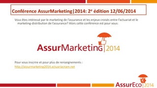 Conférence AssurMarketing|2014: 2e édition 12/06/2014
Vous êtes intéressé par le marketing de l’assurance et les enjeux croisés entre l’actuariat et le
marketing-distribution de l’assurance? Alors cette conférence est pour vous:
Pour vous inscrire et pour plus de renseignements :
http://assurmarketing2014.actuariacnam.net
 