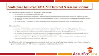Conférence AssurEco|2014: Site Internet & réseaux sociaux
Un site internet dédié prolongera et complètera cette matinée :
o Les présentations des intervenants seront mises en ligne
o Des interviews de professionnels complèteront le programme et pourront prendre différentes formes comme un article, un podcast ou une vidéo
o Les sponsors et partenaires seront mis en valeur de manière durable grâce au site dont le référencement sera bon grâce à la thématique bien définie et
un public ciblé
o Les articles consacrés à la conférence sur les sites internet des sponsors et partenaires contribueront aussi au bon référencement du site
Réseaux sociaux :
o Un compte slideshare dédié permettra de restituer les présentations en ligne, de les partager et commenter y compris sur smartphone
o Un compte netvibes viendra compléter le site pour proposer des contenus d’autres sites en rapport avec chaque thématique de la conférence
o Les photos de l’événement seront mises en ligne via le compte Flickr d’ActuariaCnam dans un album dédié à l’événement
o Les inscriptions, la communication, l’accueil des personnes sera assuré grâce à l’utilisation de la solution intégrée Evenium qui permet de créer une
communauté d’échange entre les personnes inscrites avant, pendant et après la conférence
o Une communication globale sera effectuée dans une logique de marketing viral grâce aux réseaux Linkedin et Viadeo exclusifs aux actuaires et
économistes auxquels contribuent les membres de l’organisation
Les différents outils et réseaux sociaux seront intégrés sur le site internet afin que celui-ci soit le point d’accès principal et
génère un trafic cible de 5.000 visiteurs uniques dans les douze prochains mois
 