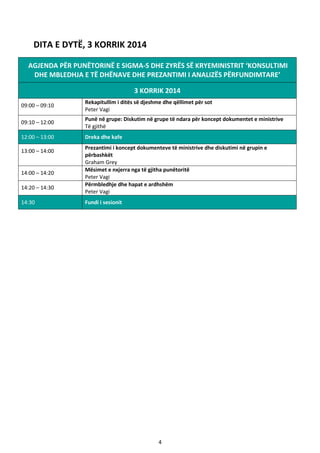 4
DITA E DYTË, 3 KORRIK 2014
AGJENDA PËR PUNËTORINË E SIGMA-S DHE ZYRËS SË KRYEMINISTRIT ‘KONSULTIMI
DHE MBLEDHJA E TË DHËNAVE DHE PREZANTIMI I ANALIZËS PËRFUNDIMTARE’
3 KORRIK 2014
09:00 – 09:10
Rekapitullim i ditës së djeshme dhe qëllimet për sot
Peter Vagi
09:10 – 12:00
Punë në grupe: Diskutim në grupe të ndara për koncept dokumentet e ministrive
Të gjithë
12:00 – 13:00 Dreka dhe kafe
13:00 – 14:00
Prezantimi i koncept dokumenteve të ministrive dhe diskutimi në grupin e
përbashkët
Graham Grey
14:00 – 14:20
Mësimet e nxjerra nga të gjitha punëtoritë
Peter Vagi
14:20 – 14:30
Përmbledhje dhe hapat e ardhshëm
Peter Vagi
14:30 Fundi i sesionit
 