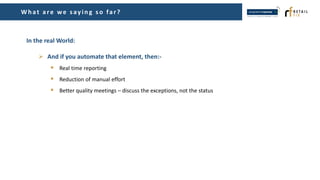 Wh at are we s ayin g s o far?
In the real World:
 And if you automate that element, then:-
 Real time reporting
 Reduction of manual effort
 Better quality meetings – discuss the exceptions, not the status
 