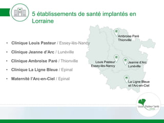 5 établissements de santé implantés en
Lorraine
Ambroise Paré
Thionville
Louis Pasteur
Essey-lès-Nancy
Jeanne d’Arc
Lunéville
La Ligne Bleue
et l’Arc-en-Ciel
• Clinique Louis Pasteur / Essey-lès-Nancy
• Clinique Jeanne d’Arc / Lunéville
• Clinique Ambroise Paré / Thionville
• Clinique La Ligne Bleue / Epinal
• Maternité l’Arc-en-Ciel / Epinal
 