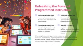 Unleashing the Power of
Programmed Instruction
Personalized Learning
Programmed instruction adapts to
the unique needs and pacing of each
individual learner.
Improved Retention
The structured, feedback-driven
approach leads to better long-term
knowledge retention.
Enhanced Engagement
Interactive, adaptive programmed
instruction keeps learners actively
engaged and motivated.
Scalable Efficiency
Programmed instruction can be
efficiently delivered to large numbers
of learners, making it a cost-effective
solution.
By harnessing the power of programmed instruction, we can unlock new frontiers in
personalized, adaptive learning, empowering individuals to reach their full potential. As
technology continues to evolve, the future of programmed instruction holds immense
promise in transforming the educational landscape.
 